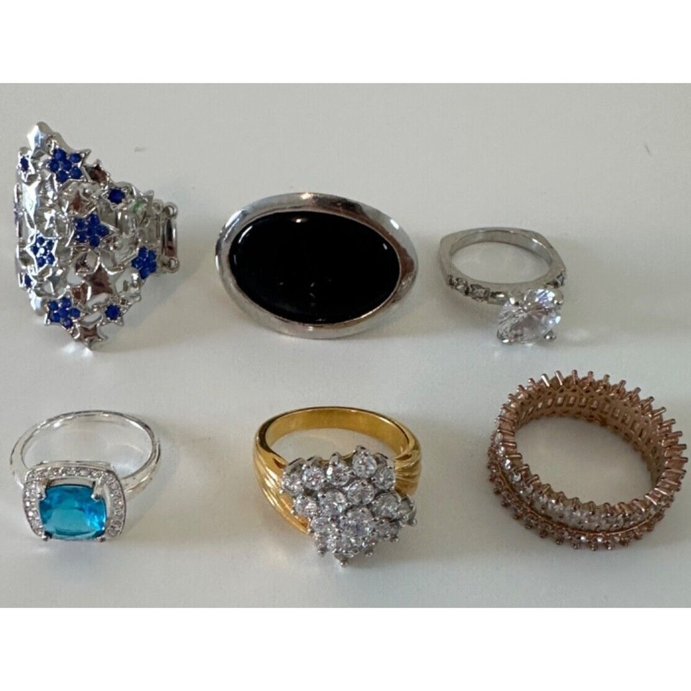 Dressy Cocktail Ring Lot Blue Black Silver Gold Tones Crystals Solitaire Mixed